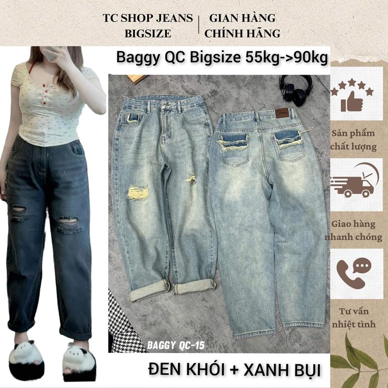TCSHOPJEANS Quần Baggy Nữ Jeans Bigsize Kiểu Rách Gối Nhẹ MS QC 15 Denim Women