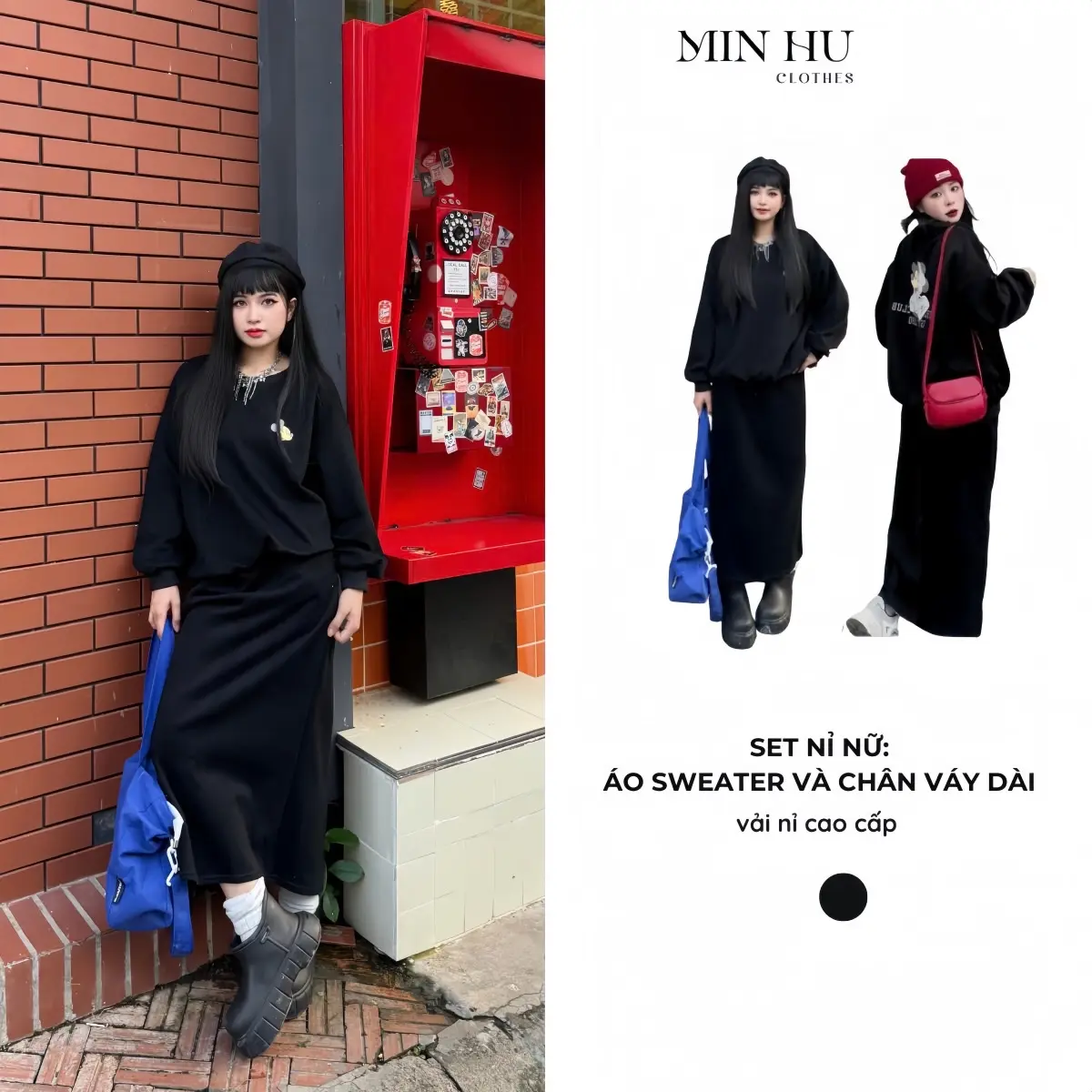 Set nỉ nữ gồm áo sweater và chân váy dài MINHU CLOTHES màu xám, đen