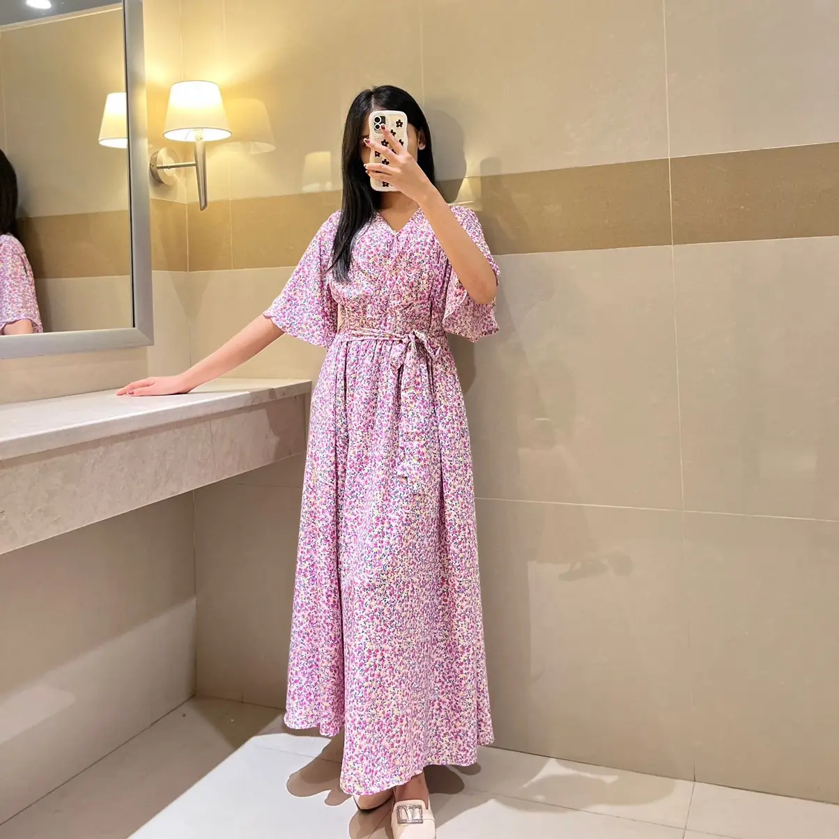 Dress Korean style Mirae Wear Dress Sakura Vintage Long Dress summer Floral Vintage A-Line V-Neck V-Neck