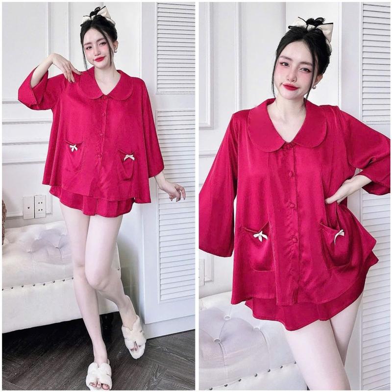 Đồ Ngủ Pijama Lụa HEUN YOUNG Bộ Đồ Pijama Áo Cổ Sen Tay Lửng Quần Đùi Lụa Latin Mềm Mịn Freesize 45-65kg Women Nữ Kem 4
