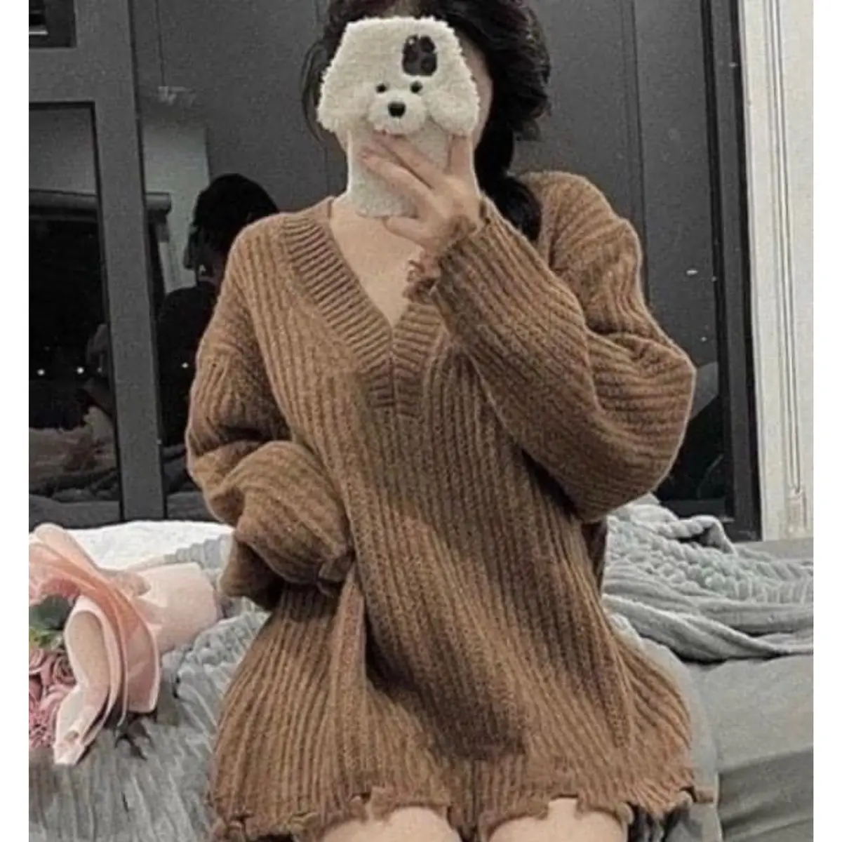ÁO LEN LÔNG CỔ V VIỀN TUA RUA - IMAYBI Top Nữ Áo len hàn quốc Women