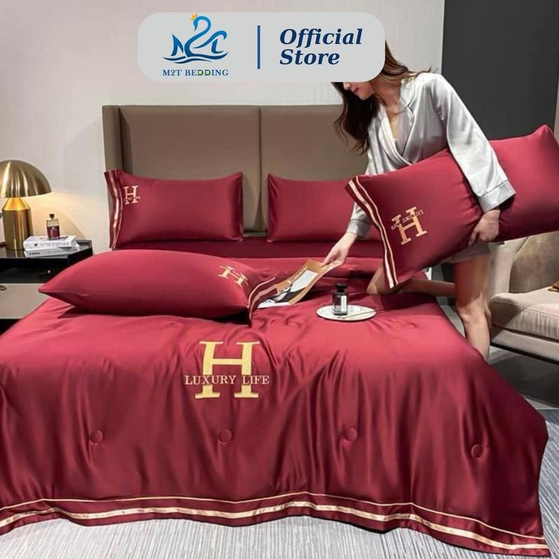 Bộ chăn ga gối lụa chữ H M2T bedding - Chăn chần bông hè mỏng