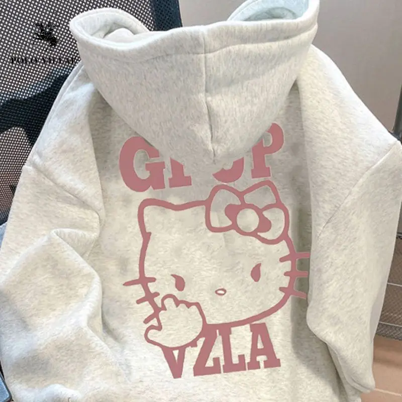 Áo Len Hello Kitty, Phong Cách Đại Học Ngầu Ngọt Ngào Có Mũ Trùm Đầu, Dành Cho Nữ, Mùa Thu Và Mùa Đông, Lót Lông Cừu, Dopamine Dáng Rộng Vừa Vặn, Áo Mèo Kitty 1