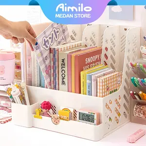 Aimilo - Rak Buku Desktop Organizer Plastik Tebal 325×304×263mm 4 Kompartemen dengan Kotak Pena