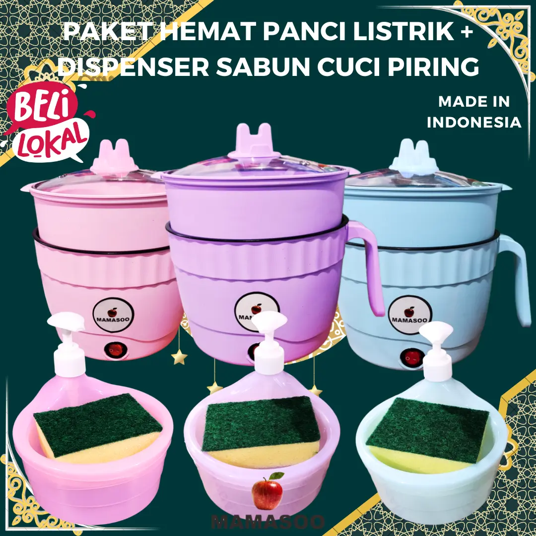 [Mamasoo] Paket Hemat Panci Listrik + Dispenser Sabun Cuci Piring Bonus Centong Nasi + Spons