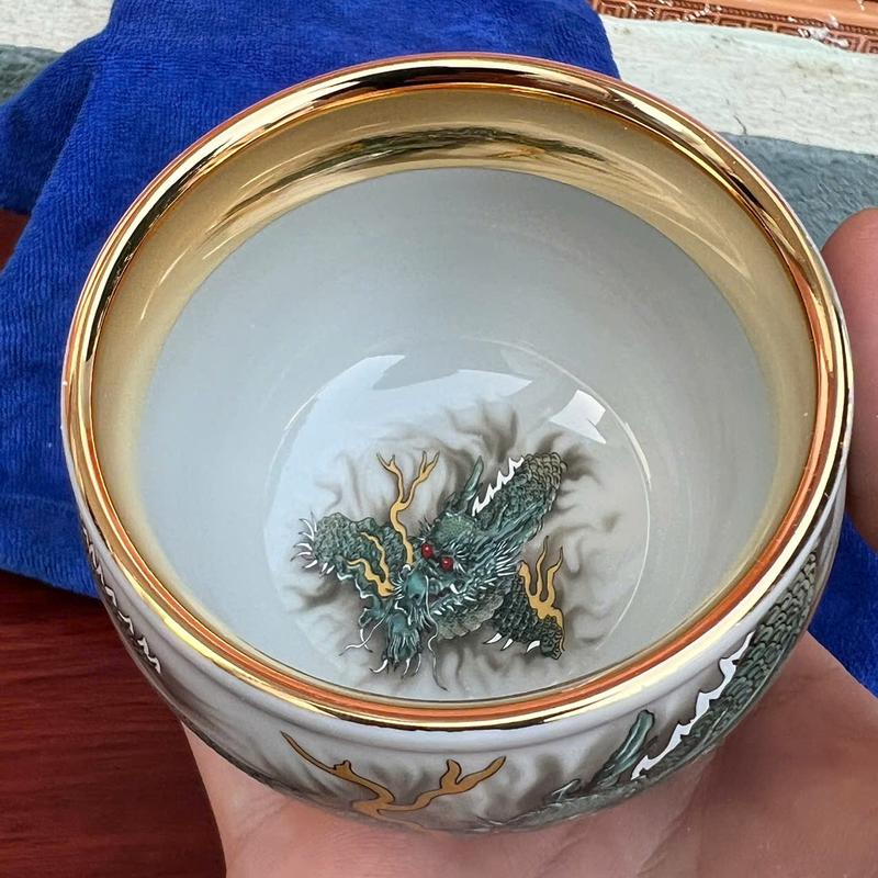 chén trà thanh long dưỡng tử sứ Cảnh Đức mạ vàng miệng chén A026 3