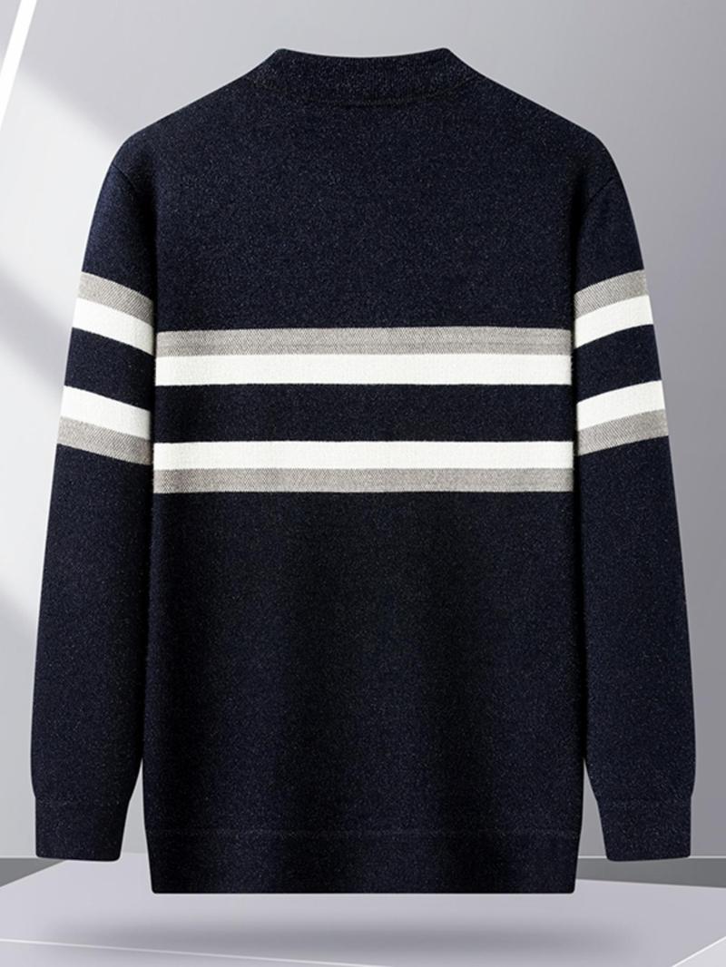 Product Introduction of Men's Thermal Lined Regular Fit Striped Print Round Neck Knitted Sweater, Thick Warm Casual Long Sleeve Crew Neck Jumper for Fall & Winter, Fashion Men's Knitwear for Daily Wear 2