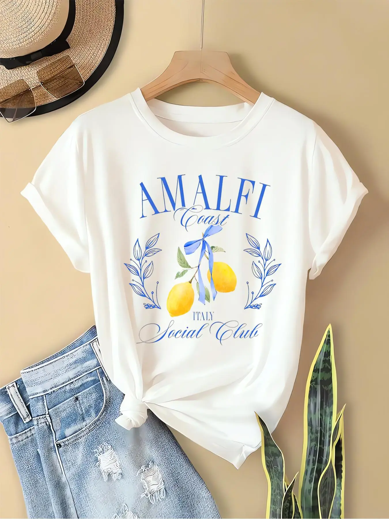 Women's Lemon Graphic Print Round Neck Tee, Fashion Casual Short Sleeve T-shirt, Ladies Summer Clothes for Daily Wear
