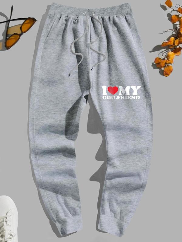 Men's "I Love My Girlfriend" Print Drawstring Sweatpants, Regular Fit Casual "I Love My GF" Print Pocket Jogger Pants, Fun Graphic Trousers 2