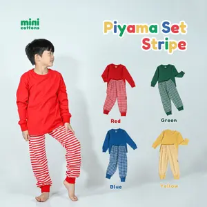 MINI COTTONS Setelan Baju Anak Piyama Set Striped Celana Motif Fashion