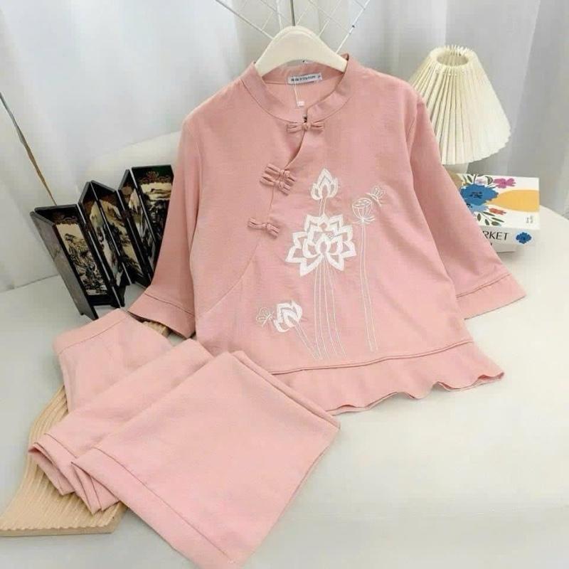 Bộ lam đi chùa nữ BEBE đũi vân mây thêu hoa sen cổ tàu nút thắt kết hợp quần hai túi trang trọng đồlam 5