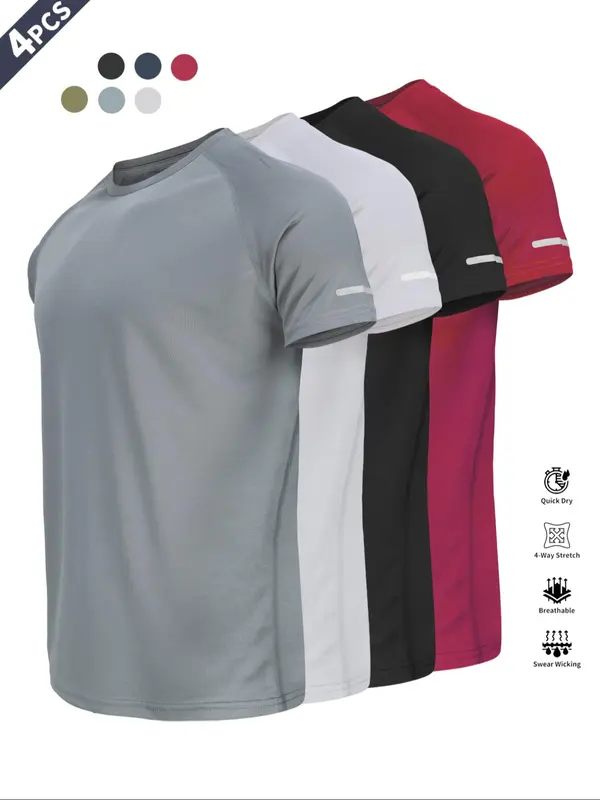 Men's Plain Reflective Design Sports Tee, Breathable Fit Quick Drying Short Sleeve T-shirt, Activewear, Men's Sportswear for Gym Workout Running, Clothing 4