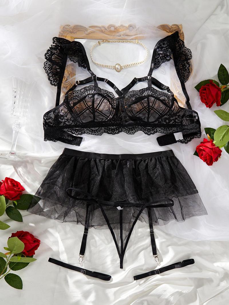 Product Introduction of "Sensual Lace Lingerie Set: Cut-Out Bra, Thong & Garter Belt with Thigh Ring - Perfect Valentine's Day Gift for Her" Womenswear Comfort Bridal Pink 10