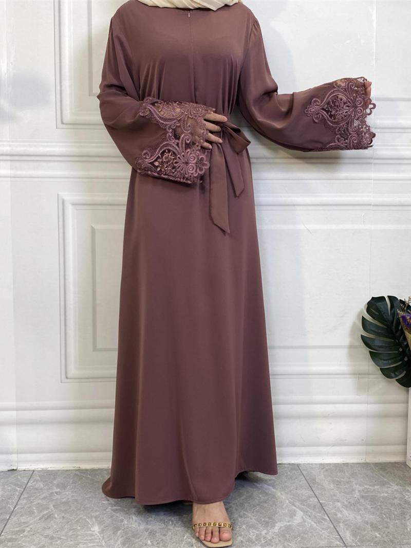 Product Introduction of Women's Contrast Lace Belted Long Sleeve Dress, Elegant Modesty Solid Color Long Arabic Clothing, Muslim Dress for Women 7