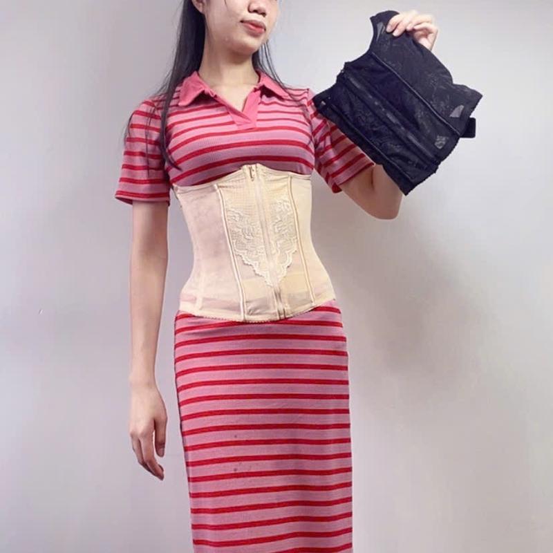 (Tặng thước dây )Đai nịt bụng kéo khóa Ren Thun , chất thoáng mát , có dãn thoải mãi , ÁO định hình vòng eo nữ Women , Kem