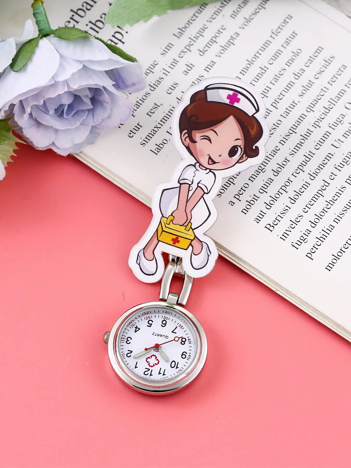 Fashion Cartoon Nurse Design Round Dial Quartz Clip Watch without Box, Cute Gift for Women & Girls