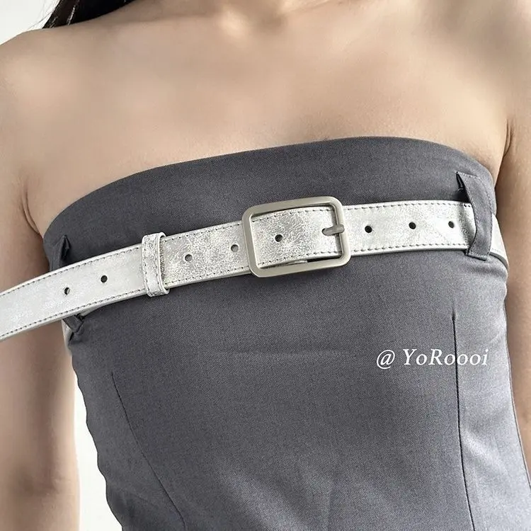 Silver Niche Retro Distressed Belt with Cracked Texture, Asia-Pacific Girl Culture Hot Girl Decorative Belt for Women 2024 New Trend