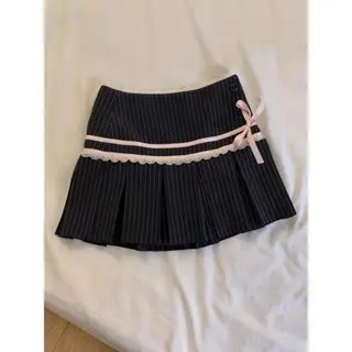 [Bigsize 55-100kg] Chân váy kẻ sọc xếp li dáng ngắn mix nơ phong cách dễ thương