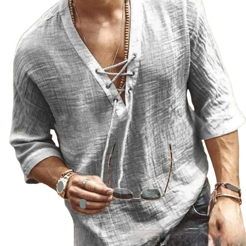Bvbfzin Men V-neck Shirt Loose Fit Men Top Men's Lace-up V Neck Shirt Retro Style Mid Sleeves Loose Fit Top for Daily Wear in Asia 5