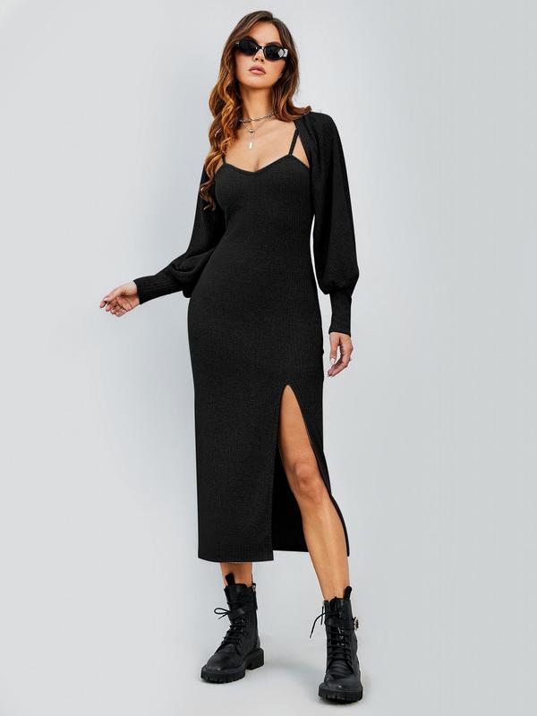 Two-Piece Set Women's Solid Co-ord Set, Split Thigh Knit Cami Dress & Bishop Sleeve Open Front Crop Top Set, Women's Clothing for Spring & Fall 8