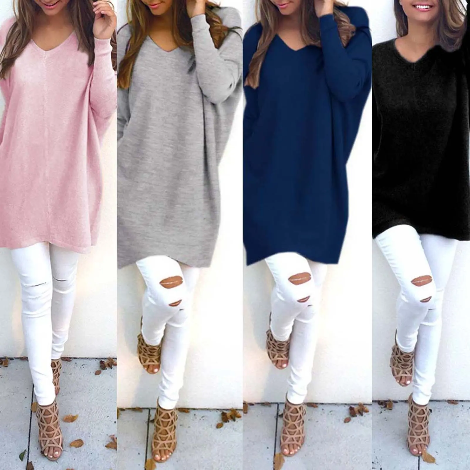 Women Casual Long-Sleeve V-Neck Loose Knitted Sweater Top Pullover for Home Office