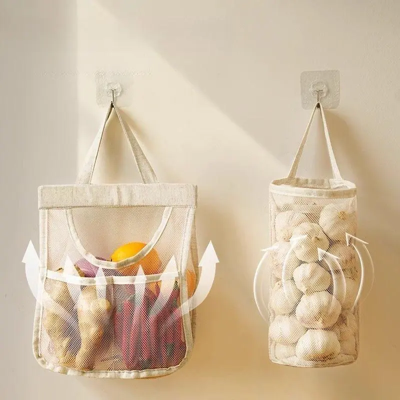 Wall Mounted Mesh Storage Bag, 1 Count Portable Design Garlic Ginger Onion Storage Bag, Hanging Fruits and Vegetables Storage Bag for Home Kitchen, Organiser 2