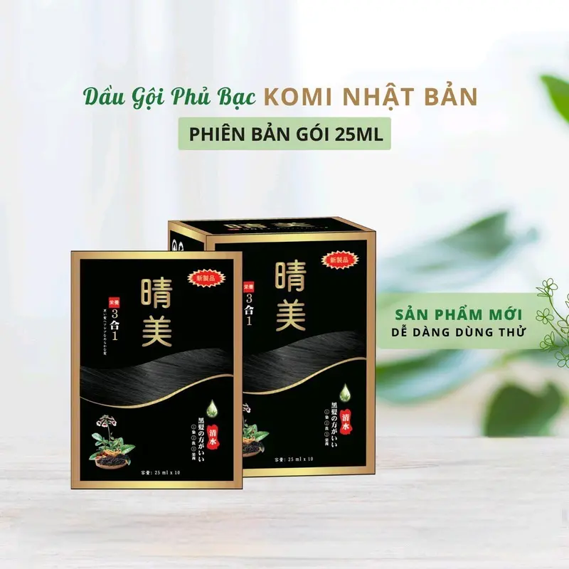 Dầu gội phủ bạc thảo dược Komi , dầu gội nhuộm tóc thảo dược Nhật Bản màu hộp 10 gói x 25ml 0
