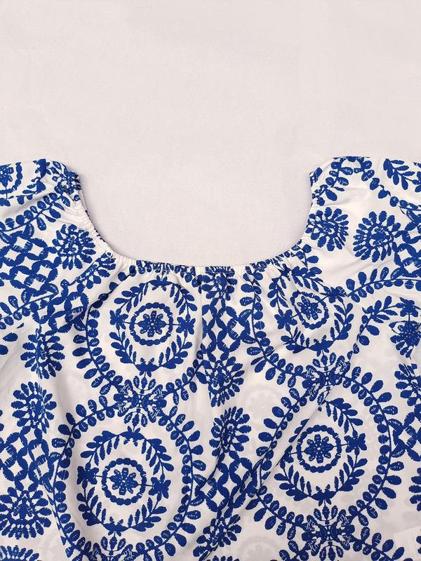Women's All Over Print Off Shoulder Flounce Sleeve Blouse, Boho 3/4 Sleeve Top for Summer, Ladies Clothes for Beach Vacation Holiday 7