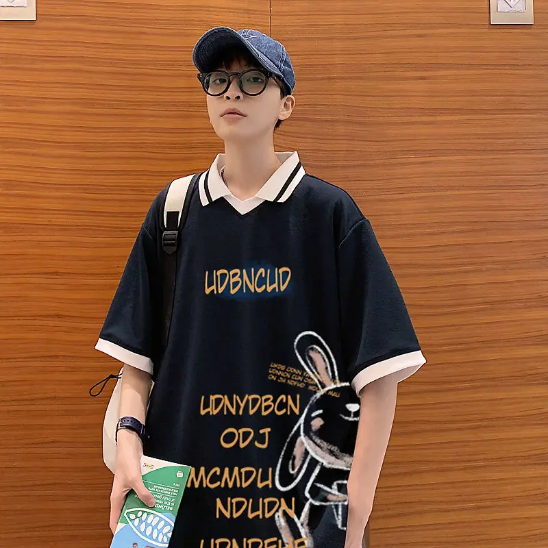 Y2k Streetwear Summer Men's Clothing Polo Shirt Cartoon Rabbit Print Loose Casual Short Sleeve Lapel T Shirt Youthful Vitality