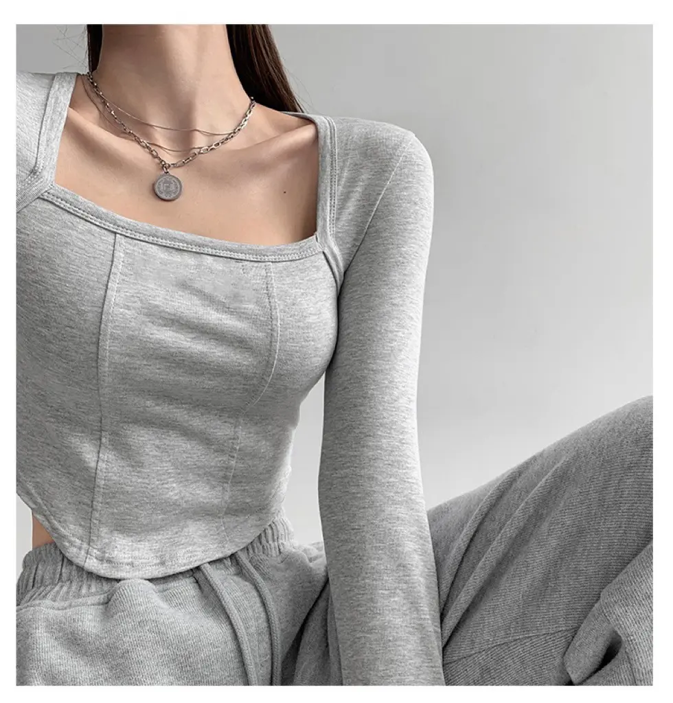 【Premium】 Square Neck Long Sleeve Crop Top 7307 (S/M/L)