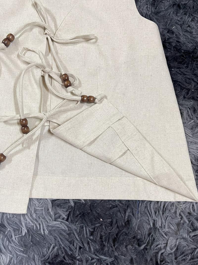 Product Introduction of Áo ghile thắt nơ đính hạt linen, quần đùi lưng chun chất linen dày dặn cao cấp TEEMIN 5