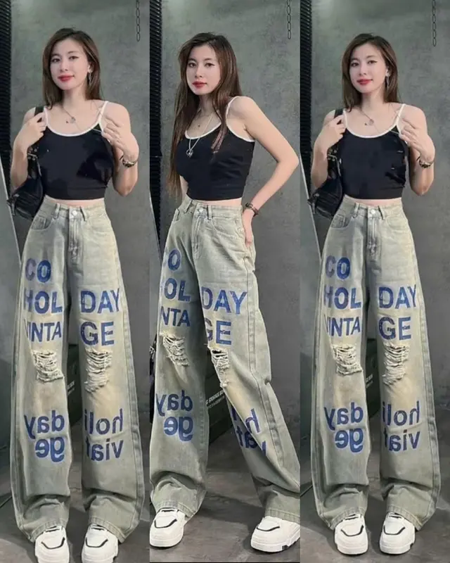 Quần Jeans Nữ Dáng Suông ,Quần Bò In Chữ Rách Kiểu Lưng Cạp Cao Chất Vải Dày Dặn Cao Cấp Chuẩn Đẹp Women Pants Kem 0