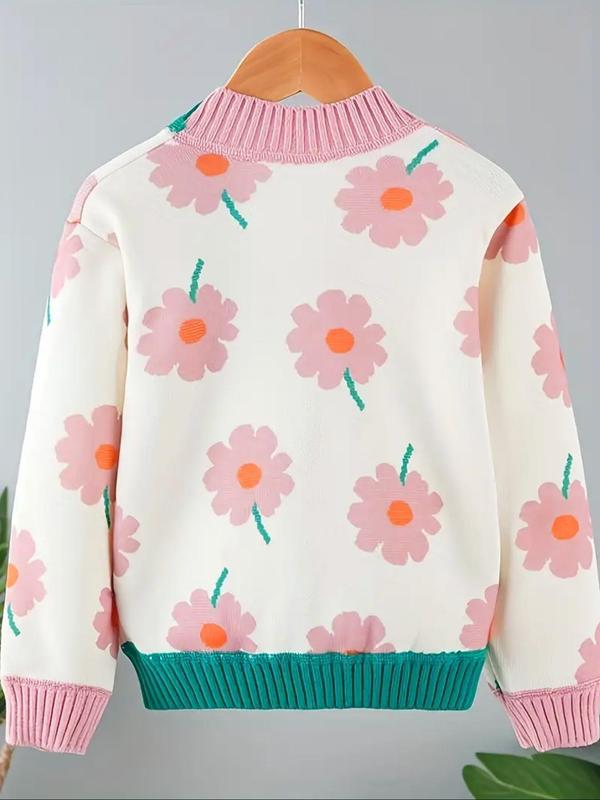 Girl's Colorblock & Floral Print Button Front Cardigan, Casual Drop Shoulder Long Sleeve Cardigan for Fall & Winter, Kids Clothing for Daily Wear 1