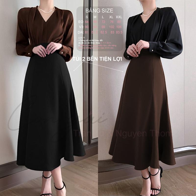 Chân váy xòe 6 mảnh dáng dài, cạp cao, có túi 2 bên Congai CVX6M vải tyết mưa dày nhiều màu 2025 Nữ Women Đen