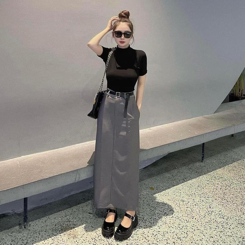 Set áo đen bozip mix chân váy sẻ tà hách dáng ( có thắt lưng đi kèm) Nữ Women Kem Top