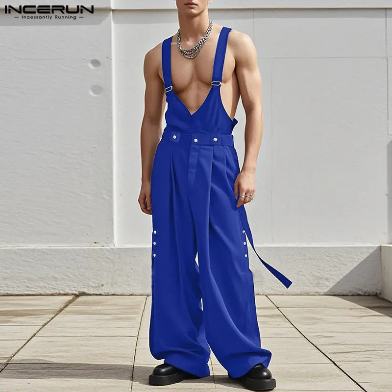 Incerun Store INCERUN Men's Metal Buckle Streamer Design Overalls Solid Color ...