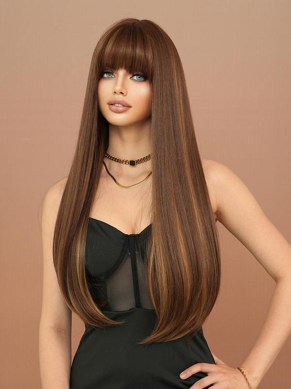28 Inch Long Mocha Brown Straight Wigs for Women, Gorgeous Fluffy Wigs with Bangs, Synthetic Full Machine Wigs for Party, Daily Use 5