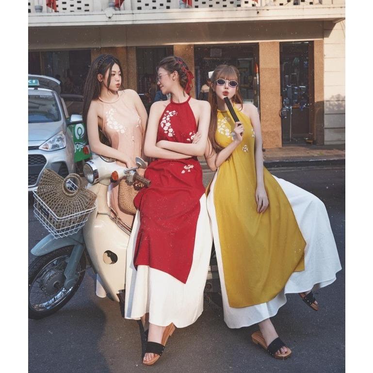 M828 - Set yếm dài vay midi suông cách tân, set áo yếm dài, set áo dài buộc cổ đi chơi mặc tết nhẹ nhàng