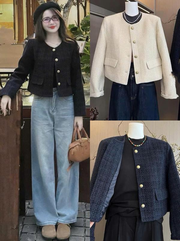 Áo dạ tweed A.688 Áo dạ lửng nữ dài tay cổ tròn 2 túi nắp dày dặn phong cách thanh lịch - Shop Chấm Bi