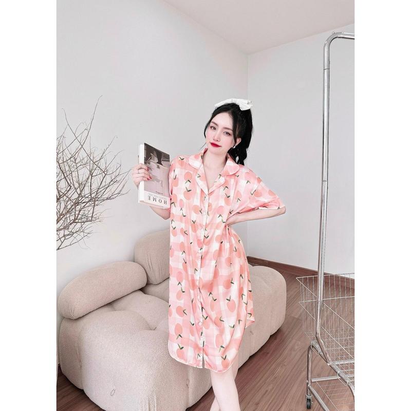 (chubby) Đầm váy ngủ sơ mi lụa  dễ thương dáng rộng bigsize 50-95kg, váy ngủ lụa cute đầm bầu mặc nhà xinh giá rẻ Nữ Nhung 3