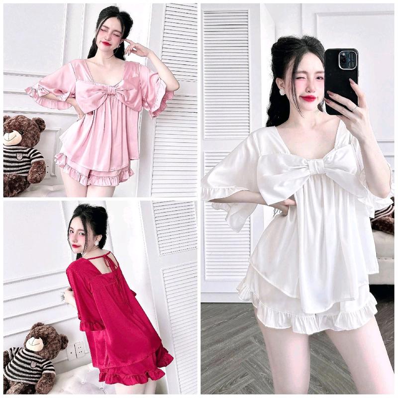 Đồ ngủ pyjama nữ BIGSIZE - Mẫu Tiểu Thư Áo Nơ To Viền Bèo Tay Ngắn Quần Đùi - Lụa Latin Mềm Mát Bộ Đồ Lụa Áo CỔ U XINH XẮN rose  đồ pijama