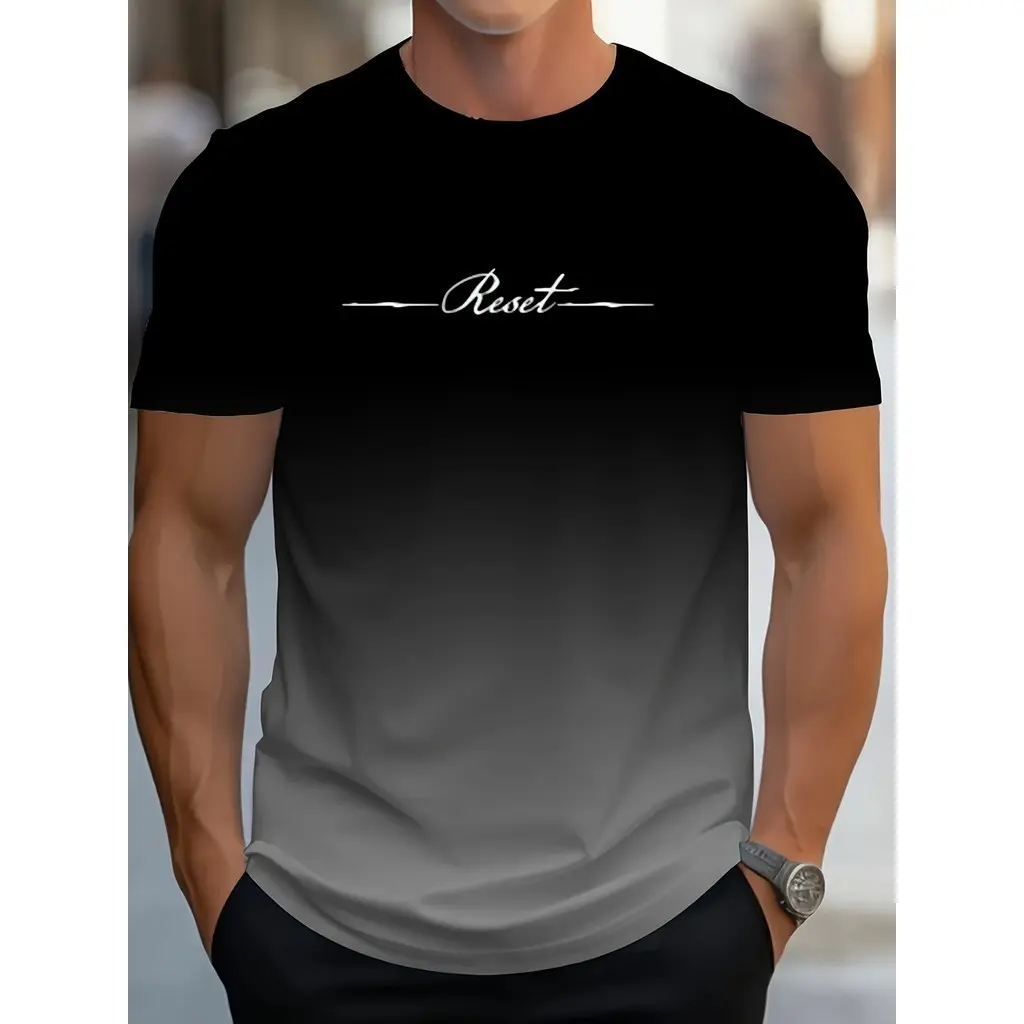Men's Fashion Gradient Letter Printed 3D T-shirt - Comfortable Round Neck Short Sleeve, Summer Style - Perfect Casual Wear for Daily Life and Vacation ZUMH