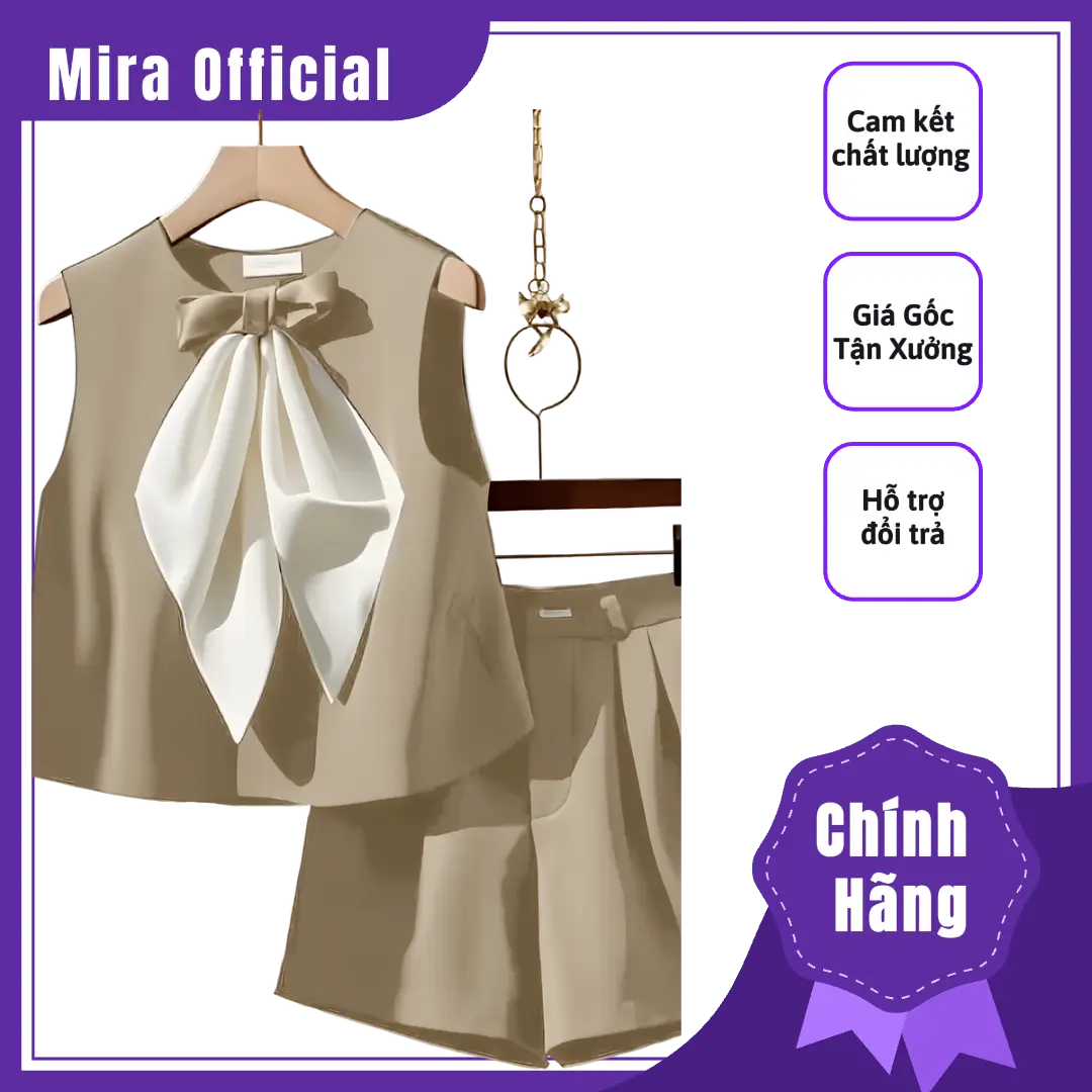 Set nữ Mira bộ áo sát cánh có nơ kèm quần giả váy thời trang thoáng mát kem top women Voi Polo Màu Nâu Shirt đồ bộ quần sọc caro đen quần tím đễ thương set  bộ Kaki