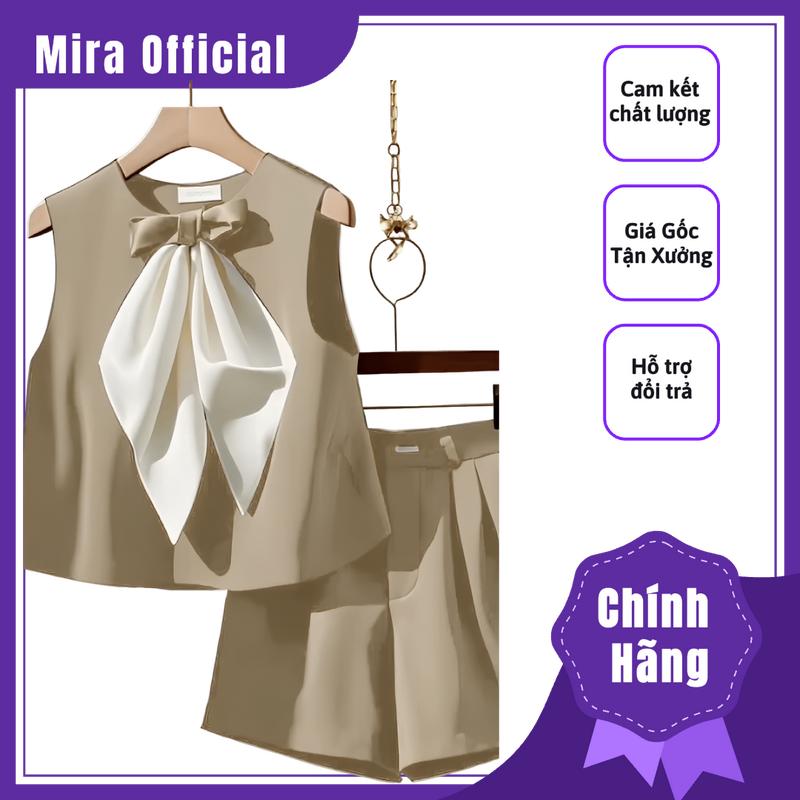 Set nữ Mira bộ áo sát cánh có nơ kèm quần giả váy thời trang thoáng mát kem top women Voi Polo Màu Nâu Shirt đồ bộ quần sọc caro đen quần tím đễ thương set bộ Kaki