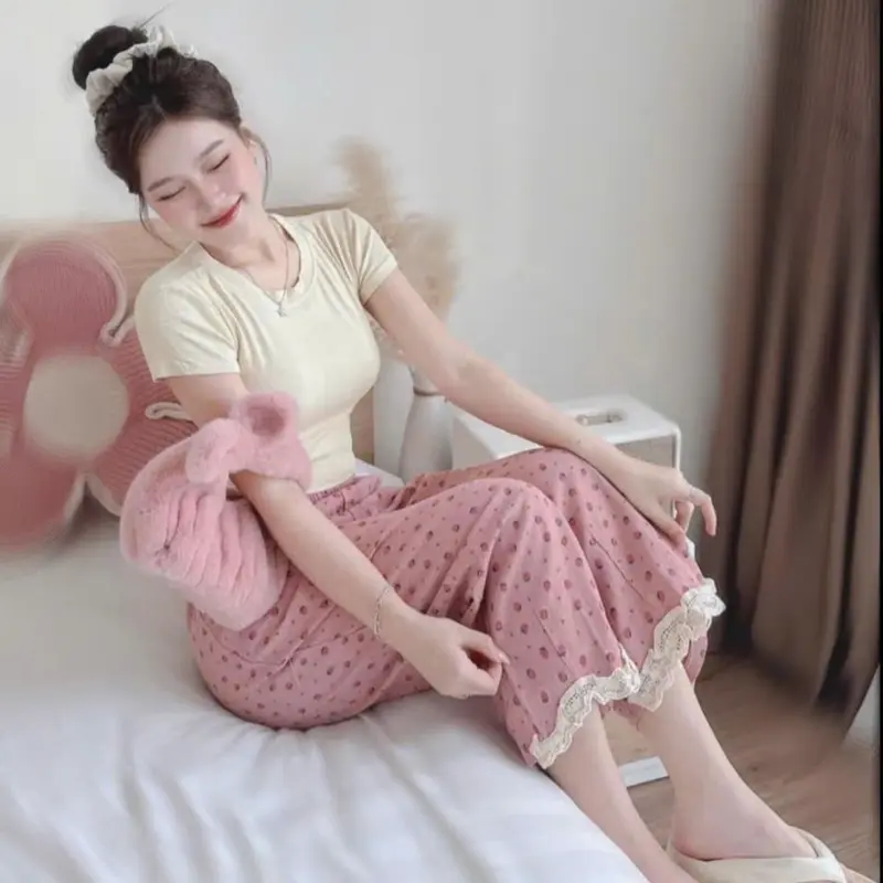 Sét áo thun tăm quần dày trái dâu 2màu Trắng Hồng  Women 0