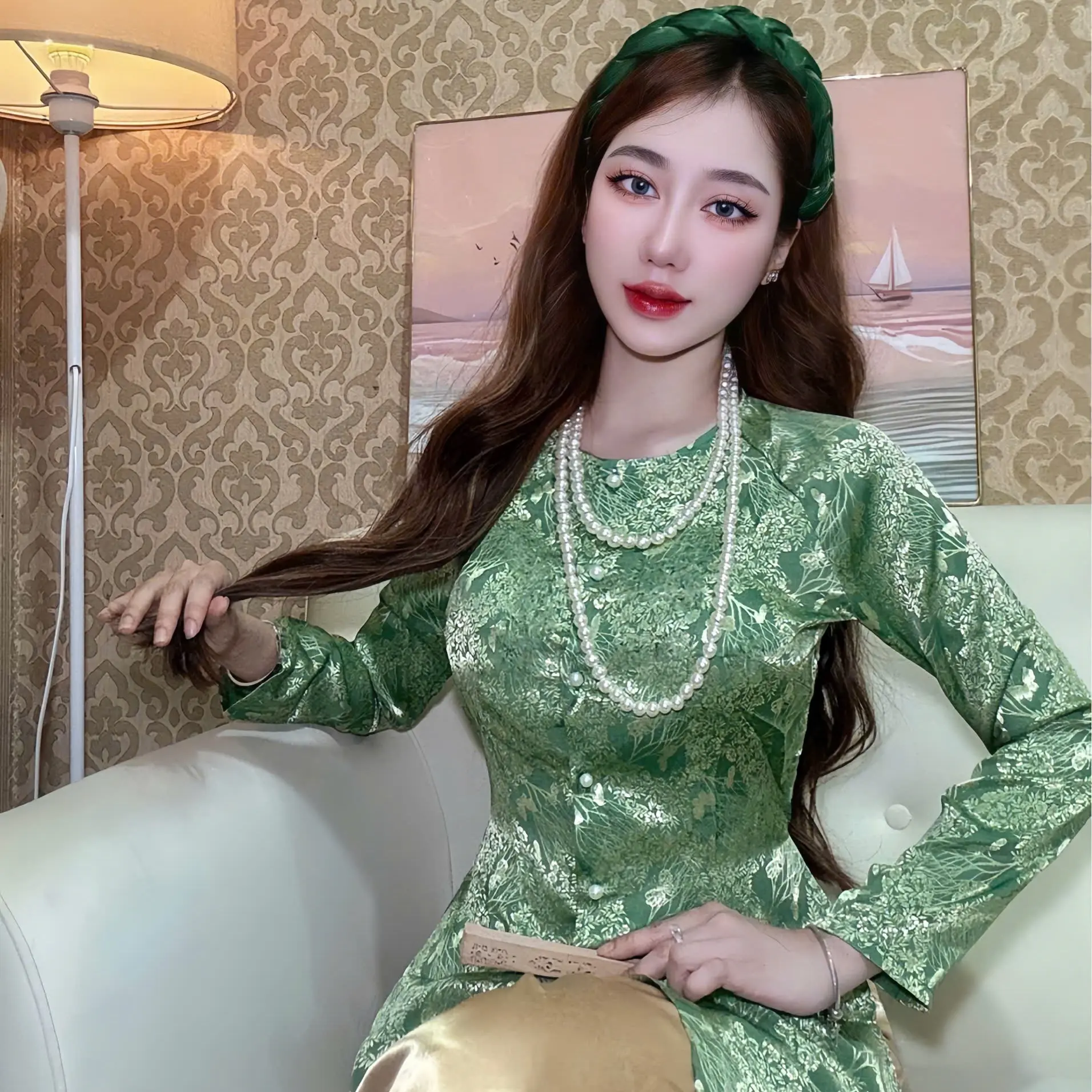 Xưởng May Hân Nguyễn - B.A128 - ( ÁO LẺ ) Gấm Hoa Bướm Cài Nút Cổ Tròn Tay Dài Nữ Top Women Sơ Mi