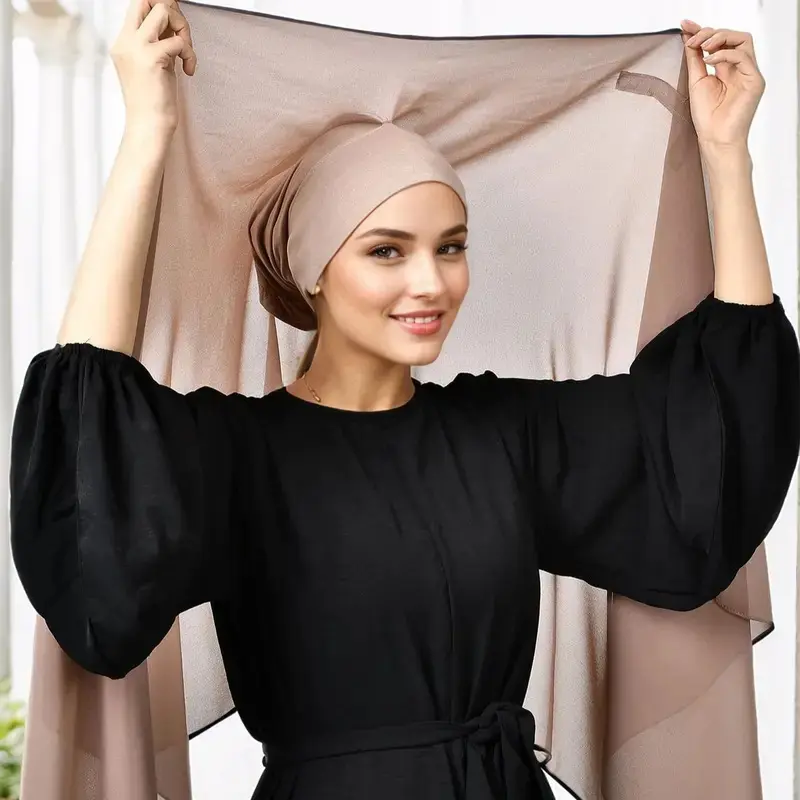 New Premium Instant Chiffon Headscarf with Built-in Magnet Solid Color, Muslim Women Shawl Wrap with Bottom Cover