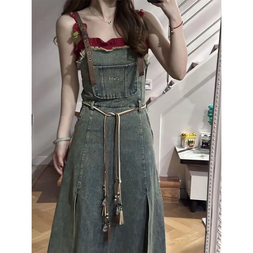 Váy Denim, Phong Cách Cổ Điển Của Phụ Nữ, Thắt Lưng Buộc Dây, Viền Sờn, Váy Có Dây Đeo, Bó Sát Eo, Váy Dài, Quần Áo Phụ Nữ, Hàng Mới Về Mùa Hè 2024 Women Dress
