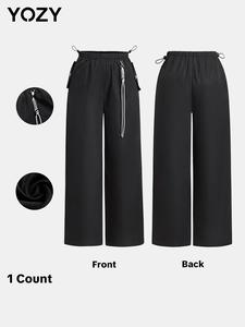 YOZY Women's Plain Drawstring Waist Wide Leg Pants, Casual Button Design Trousers for Daily Wear, Ladies Bottoms for All Seasons