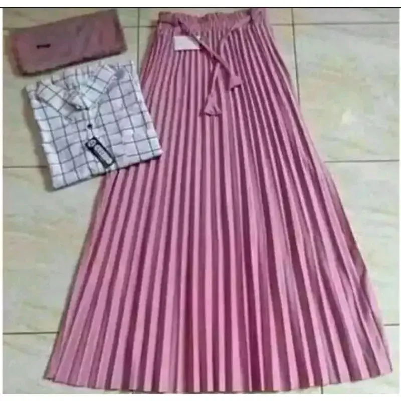 setelan Wanita rok plisket premium kemeja kotak kotak kancing lengan Panjang dan kerudung bela square 2